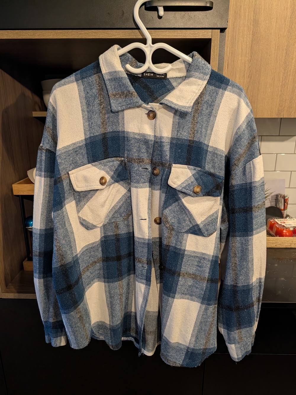 Shein Blue & White Plaid Shacket Jacket
